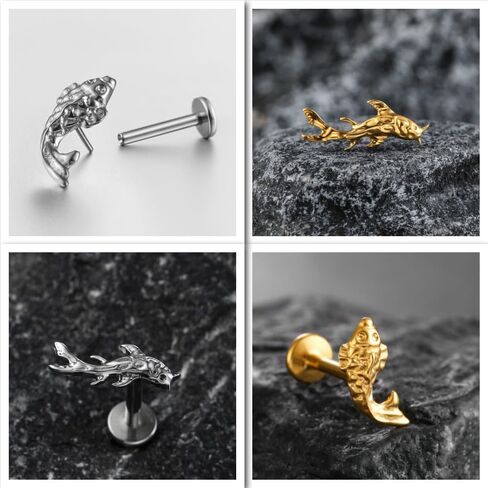 LADEMAYH 2Pcs Koi Fish Piercing Mix Set, ASTM F136 Titanium Threadless Labret Studs with 6mm & 8mm Posts, 20G 18G 16G 14K Gold Plated Flat Back Earrings for Helix Tragus Conch in Kuwait