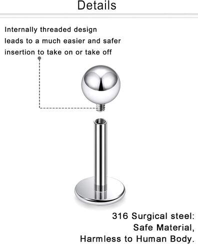 14G 16G Surgical Steel Internally Threaded Labret Studs Monroe Lip Rings Cartilage Tragus Nail Conch Helix Earring Barbell for Women Men Piercing Jewelry 6mm 8mm 10mm Bar Length in Kuwait