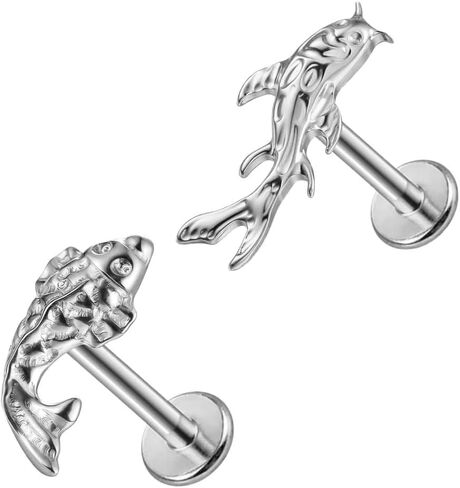 LADEMAYH 2Pcs Koi Fish Piercing Mix Set, ASTM F136 Titanium Threadless Labret Studs with 6mm & 8mm Posts, 20G 18G 16G 14K Gold Plated Flat Back Earrings for Helix Tragus Conch in Kuwait