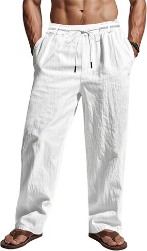 BUXKR Mens Casual Linen Pants Cotton Lightweight Loose Fit Drawstring Elastic Waist Pockets Straight Legs Summer Beach Yoga in Saudi Arabia