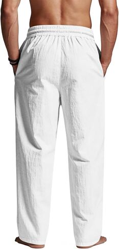 BUXKR Mens Casual Linen Pants Cotton Lightweight Loose Fit Drawstring Elastic Waist Pockets Straight Legs Summer Beach Yoga in Saudi Arabia