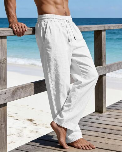BUXKR Mens Casual Linen Pants Cotton Lightweight Loose Fit Drawstring Elastic Waist Pockets Straight Legs Summer Beach Yoga in Saudi Arabia