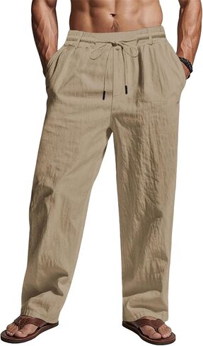 BUXKR Mens Casual Linen Pants Cotton Lightweight Loose Fit Drawstring Elastic Waist Pockets Straight Legs Summer Beach Yoga in Saudi Arabia