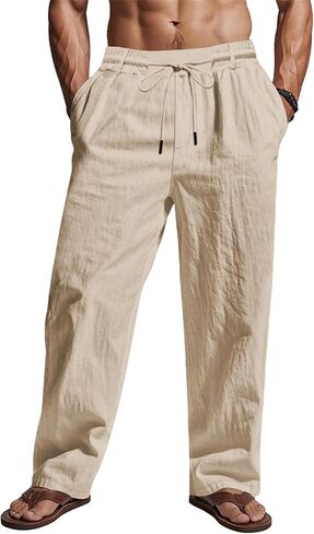 BUXKR Mens Casual Linen Pants Cotton Lightweight Loose Fit Drawstring Elastic Waist Pockets Straight Legs Summer Beach Yoga in Saudi Arabia