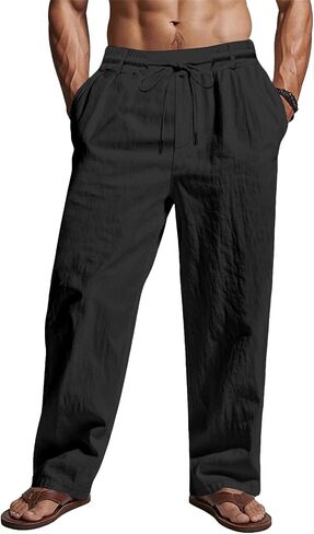 BUXKR Mens Casual Linen Pants Cotton Lightweight Loose Fit Drawstring Elastic Waist Pockets Straight Legs Summer Beach Yoga in Saudi Arabia
