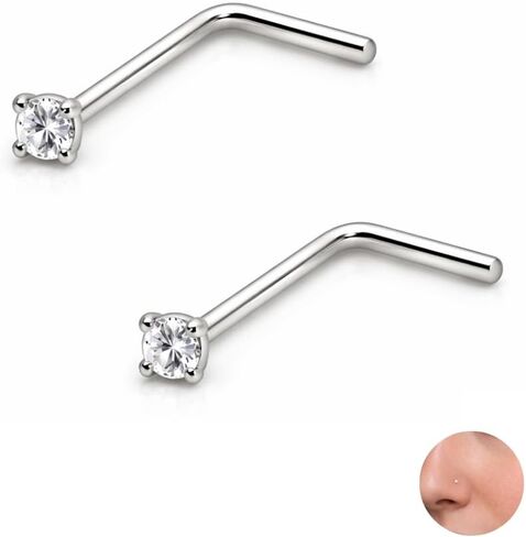 L-Shaped Nose Stud, 925 Sterling Silver, Gold-Plated, 22G, 9mm Length, Cubic Zirconia Crystal, 2-Pack in Saudi Arabia