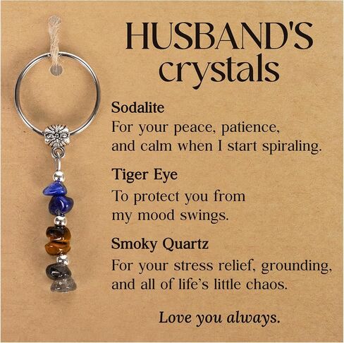Funny Crystal Keychain for Husband - Sodalite Tiger Eye Smoky Quartz Healing Stones Keychain - Wedding, Anniversary, Father's Day, Birthday Gift for Husband from Wife, Best Husband Ever Gifts For Him in Saudi Arabia