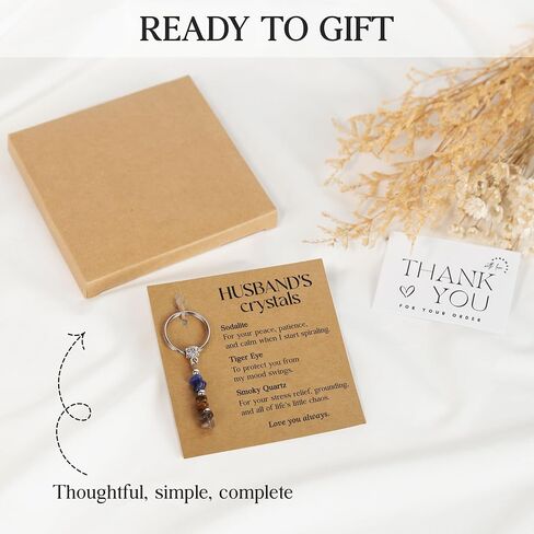 Funny Crystal Keychain for Husband - Sodalite Tiger Eye Smoky Quartz Healing Stones Keychain - Wedding, Anniversary, Father's Day, Birthday Gift for Husband from Wife, Best Husband Ever Gifts For Him in Saudi Arabia