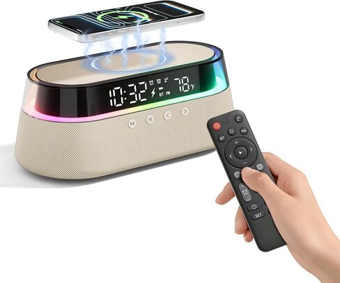 6-in-1 Bluetooth Speaker Alarm Clock with Remote, FM Radio & Dimmable LED Night Light, 15W Fast Wireless Charger, Dual Digital Clock for Bedroom Home Office, Ideal Gifts for Him, Men Women in Saudi Arabia