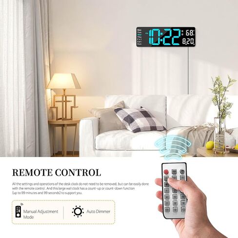 ساعة رقمية، ساعة حائط رقمية لديكور غرفة المعيشة، ساعة منبه مكتبية لغرفة النوم، ساعة حائط كبيرة مع جهاز تحكم عن بعد، ساعة LED باهتة السطوع التلقائي مع أسبوع درجة حرارة التاريخ (أزرق-B) in Kuwait