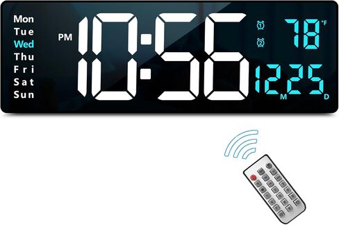 Digital Clock, Digital Wall Clock for Living Room Decor, Desk Alarm Clock for Bedroom, Large Wall Clock with Remote Control, Automatic Brightness Dimmer LED Clock with Date Temperature Week (Blue-B) in Saudi Arabia