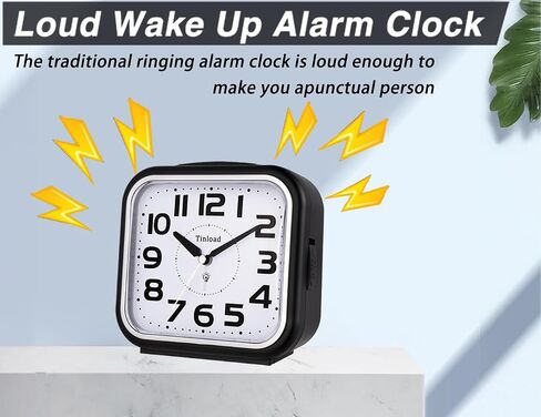 Tinload 5.5" Loud Bell Alarm Clock for Heavy Sleepers Adults, Silent No Ticking,Snooze,Lighted on Demand,Battery Operated Alarm Clocks for Bedrooms (Black) in Saudi Arabia
