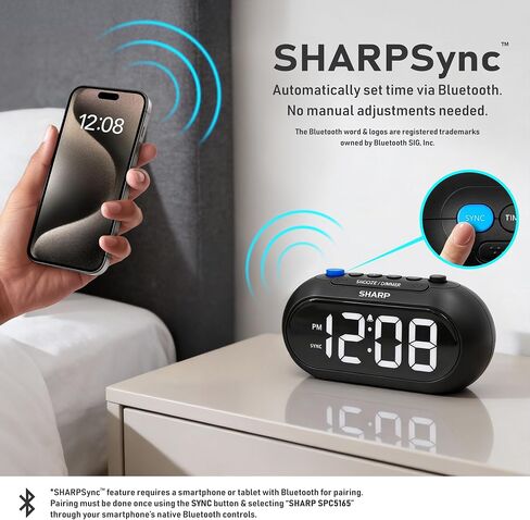 SHARPSYNC Auto Set Alarm Clock — Sets Itself from Your Phone, Bluetooth Time Sync, Large White LED Display, Dimmer, Ascending Alarm, Battery Backup in Kuwait