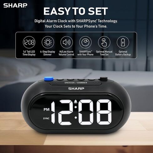 SHARPSYNC Auto Set Alarm Clock — Sets Itself from Your Phone, Bluetooth Time Sync, Large White LED Display, Dimmer, Ascending Alarm, Battery Backup in Kuwait