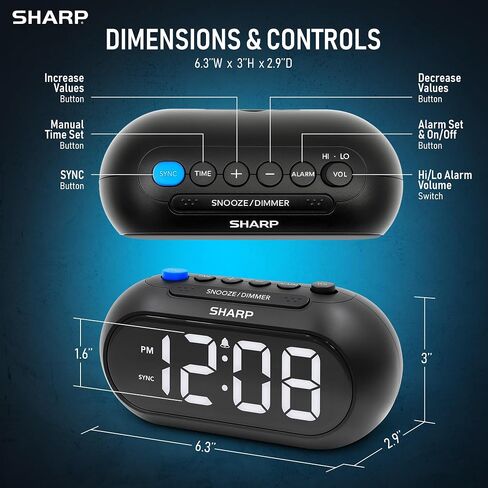 SHARPSYNC Auto Set Alarm Clock — Sets Itself from Your Phone, Bluetooth Time Sync, Large White LED Display, Dimmer, Ascending Alarm, Battery Backup in Kuwait