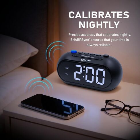 SHARPSYNC Auto Set Alarm Clock — Sets Itself from Your Phone, Bluetooth Time Sync, Large White LED Display, Dimmer, Ascending Alarm, Battery Backup in Kuwait