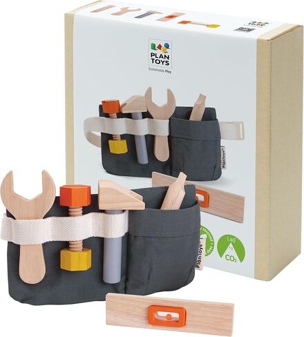 PlanToys Pretend Play Tool Belt and Wooden Tool Set (3485) | Sustainably Made from Rubberwood and Non-Toxic Paints and Dyes in Kuwait