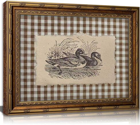 Vintage Gold Framed Wall Art, Brown Gingham Sketch Ducks Canvas Prints, Retro Rustic Farmhouse Animal Picture Wall Decor, Country Cottagecore Goose Poster Artwork for Living Room Bedroom in Kuwait