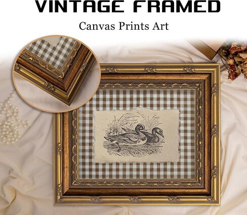 Vintage Gold Framed Wall Art, Brown Gingham Sketch Ducks Canvas Prints, Retro Rustic Farmhouse Animal Picture Wall Decor, Country Cottagecore Goose Poster Artwork for Living Room Bedroom in Kuwait