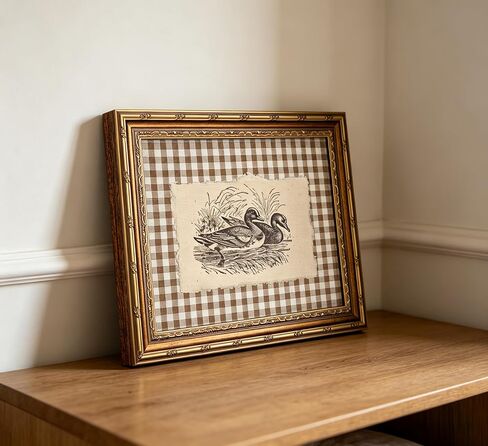 Vintage Gold Framed Wall Art, Brown Gingham Sketch Ducks Canvas Prints, Retro Rustic Farmhouse Animal Picture Wall Decor, Country Cottagecore Goose Poster Artwork for Living Room Bedroom in Kuwait