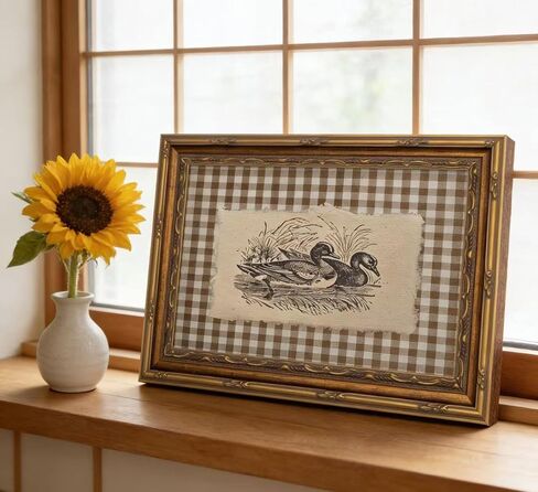 Vintage Gold Framed Wall Art, Brown Gingham Sketch Ducks Canvas Prints, Retro Rustic Farmhouse Animal Picture Wall Decor, Country Cottagecore Goose Poster Artwork for Living Room Bedroom in Kuwait