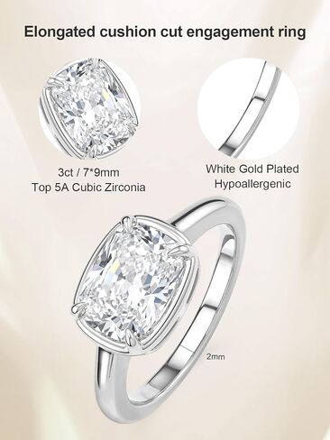 avecon 3ct خاتم الخطوبة قطع وسادة ممدود للنساء، شرق غرب زركونيا مكعب الشق والخواتم الحافة، 14k الذهب / الذهب الأبيض مطلي عصابات الزفاف وعد السفر لها، حجم 5-10 in Kuwait