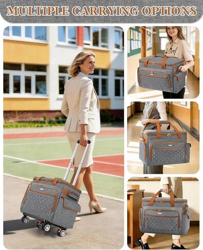 Rolling Teacher Tote Bag with 360° Rotating Wheels, Brakeable & Detachable Trolley，Multifunctional Teacher Bag with Wheels, 17.3" Laptop Compartment, Wheeled Work Tote for Teaching, Office & Craft in Saudi Arabia