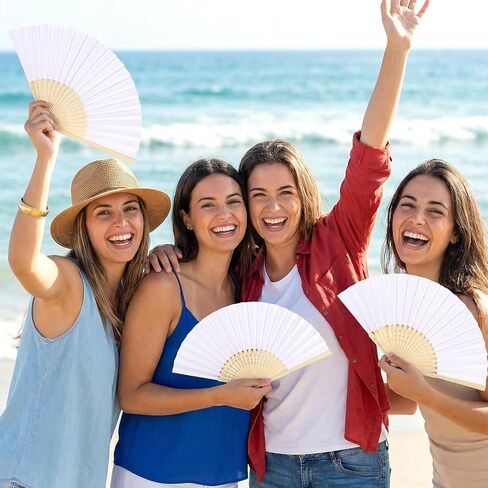 50 قطعة من مروحة اليد الورقية البيضاء مع أكياس الأورجانزا، مراوح قابلة للطي محمولة من الخيزران ومراوح الزفاف البيضاء لحفلات الزفاف والحفلات والحرف اليدوية والديكور المنزلي in Kuwait
