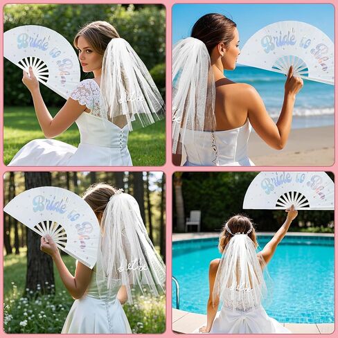 Bride to be" Wedding Fan & Veil Set – 13-Inch Clacking Folding Fan with 20-Inch Embroidered Veil, Elegant Bridal Accessories for Ceremony, Bridal Shower Photos & Bachelorette Party Favors in Saudi Arabia