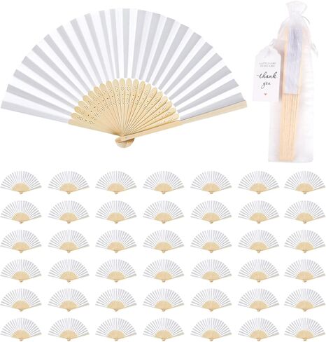 60 Pack White Paper Fans Bulk Bamboo Folding Handheld Fans for Wedding Guests with Thank You Tags & Organza Bags, Party Favors for Bridal Dancing, Summer, Home Decor & DIY Supplies in Saudi Arabia