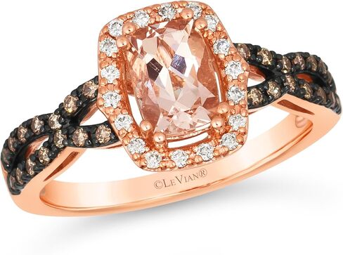 LE VIAN خاتم هالة من الألماس الأبيض والشوكولاتة 1/4 قيراط للنساء مع قطع وسادة 2/3 قيراط بلون الشمبانيا | خاتم من الذهب الوردي عيار 14 قيراط لها (أبيض، بني، 0.27 قيراط) مقاس 7.5 in Kuwait