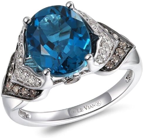 LE VIAN 1/3 Carat Chocolate Diamond Ring for Women | 14k White Gold Prong Setting Statement Ring for Her w 4 Carat Oval Blue Topaz (White/Brown, 0.36 cttw) Promise Anniversary Band Size 5 to 8 in Kuwait