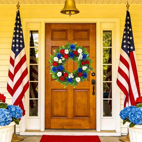 20 Inch Patriotic Wreath for Front Door, Red White Blue Flowers Wreaths with Silk Hydrangea, Daisy & Berry, USA 250th Anniversary Handmade Memorial Decorations, Americana for Porch Wall Window in Saudi Arabia
