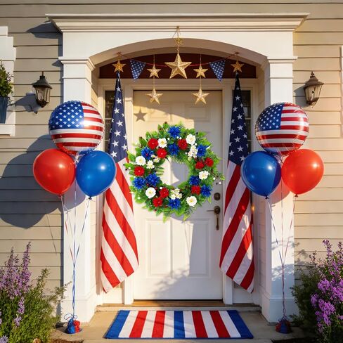 20 Inch Patriotic Wreath for Front Door, Red White Blue Flowers Wreaths with Silk Hydrangea, Daisy & Berry, USA 250th Anniversary Handmade Memorial Decorations, Americana for Porch Wall Window in Saudi Arabia