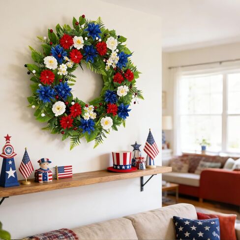 20 Inch Patriotic Wreath for Front Door, Red White Blue Flowers Wreaths with Silk Hydrangea, Daisy & Berry, USA 250th Anniversary Handmade Memorial Decorations, Americana for Porch Wall Window in Saudi Arabia