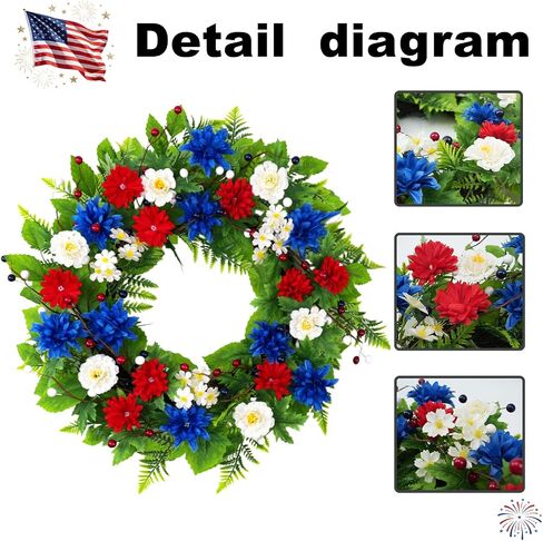 20 Inch Patriotic Wreath for Front Door, Red White Blue Flowers Wreaths with Silk Hydrangea, Daisy & Berry, USA 250th Anniversary Handmade Memorial Decorations, Americana for Porch Wall Window in Saudi Arabia