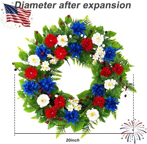 20 Inch Patriotic Wreath for Front Door, Red White Blue Flowers Wreaths with Silk Hydrangea, Daisy & Berry, USA 250th Anniversary Handmade Memorial Decorations, Americana for Porch Wall Window in Saudi Arabia
