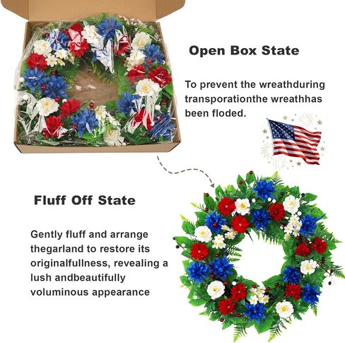 20 Inch Patriotic Wreath for Front Door, Red White Blue Flowers Wreaths with Silk Hydrangea, Daisy & Berry, USA 250th Anniversary Handmade Memorial Decorations, Americana for Porch Wall Window in Saudi Arabia