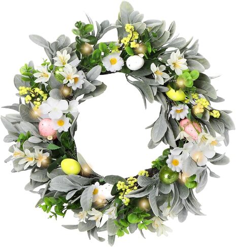 18 Inch Spring Wreath for Front Door, Floral Wreath with Auto Timer Warm Lights, Silk Lambs Ear Leaves & Daisies, Artificial Pastel Eggs & Berry Clusters, Spring Door Wreath Decorations for Home in Saudi Arabia