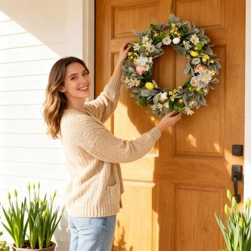 18 Inch Spring Wreath for Front Door, Floral Wreath with Auto Timer Warm Lights, Silk Lambs Ear Leaves & Daisies, Artificial Pastel Eggs & Berry Clusters, Spring Door Wreath Decorations for Home in Saudi Arabia