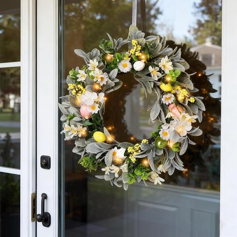 18 Inch Spring Wreath for Front Door, Floral Wreath with Auto Timer Warm Lights, Silk Lambs Ear Leaves & Daisies, Artificial Pastel Eggs & Berry Clusters, Spring Door Wreath Decorations for Home in Saudi Arabia