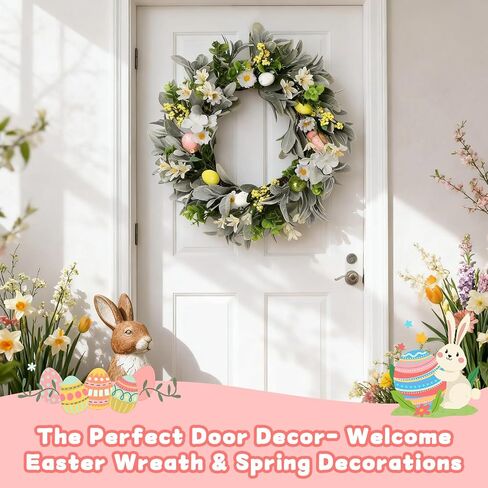 18 Inch Spring Wreath for Front Door, Floral Wreath with Auto Timer Warm Lights, Silk Lambs Ear Leaves & Daisies, Artificial Pastel Eggs & Berry Clusters, Spring Door Wreath Decorations for Home in Saudi Arabia