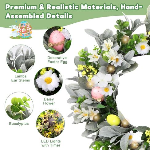18 Inch Spring Wreath for Front Door, Floral Wreath with Auto Timer Warm Lights, Silk Lambs Ear Leaves & Daisies, Artificial Pastel Eggs & Berry Clusters, Spring Door Wreath Decorations for Home in Saudi Arabia