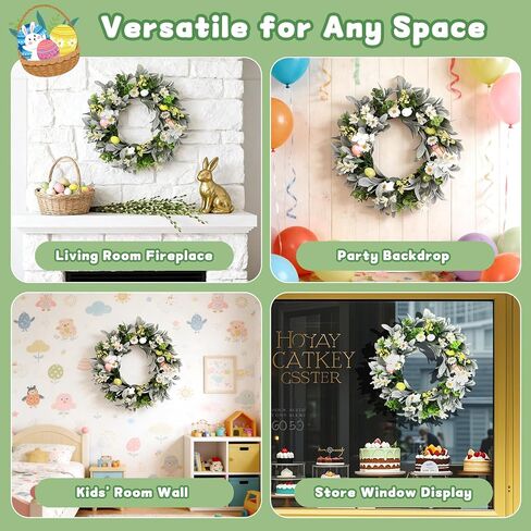 18 Inch Spring Wreath for Front Door, Floral Wreath with Auto Timer Warm Lights, Silk Lambs Ear Leaves & Daisies, Artificial Pastel Eggs & Berry Clusters, Spring Door Wreath Decorations for Home in Saudi Arabia