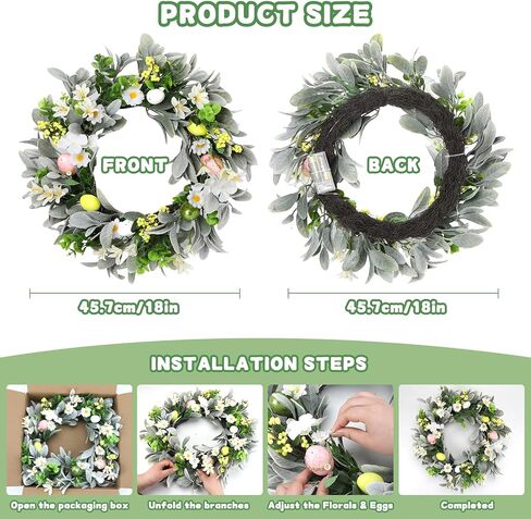 18 Inch Spring Wreath for Front Door, Floral Wreath with Auto Timer Warm Lights, Silk Lambs Ear Leaves & Daisies, Artificial Pastel Eggs & Berry Clusters, Spring Door Wreath Decorations for Home in Saudi Arabia
