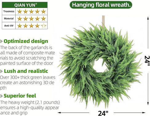 24" Spring Summer Persian Leaf Wreath for Front Door – Lush Green Artificial Wreath for Home, Porch & Wall Decor (Green, 24 Inch) in Saudi Arabia