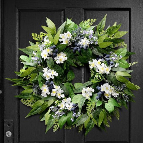 22 Inch Blueberry Spring Summer Wreath for Front Door, Artificial Wreath with Blue Berries and White Blossoms, Modern Farmhouse Wall Wedding Home Outdoor Decor, Year Round All Season Greenery Wreath in Saudi Arabia
