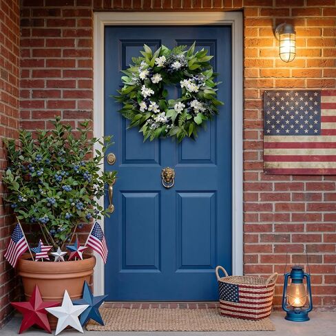 22 Inch Blueberry Spring Summer Wreath for Front Door, Artificial Wreath with Blue Berries and White Blossoms, Modern Farmhouse Wall Wedding Home Outdoor Decor, Year Round All Season Greenery Wreath in Saudi Arabia