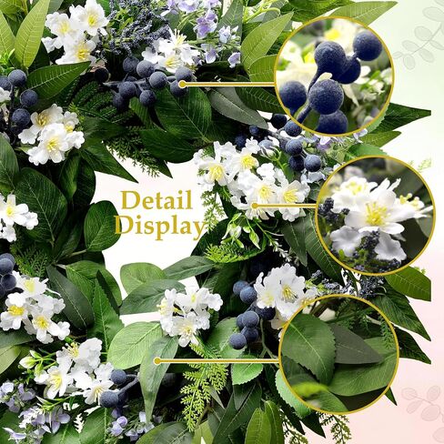 22 Inch Blueberry Spring Summer Wreath for Front Door, Artificial Wreath with Blue Berries and White Blossoms, Modern Farmhouse Wall Wedding Home Outdoor Decor, Year Round All Season Greenery Wreath in Saudi Arabia