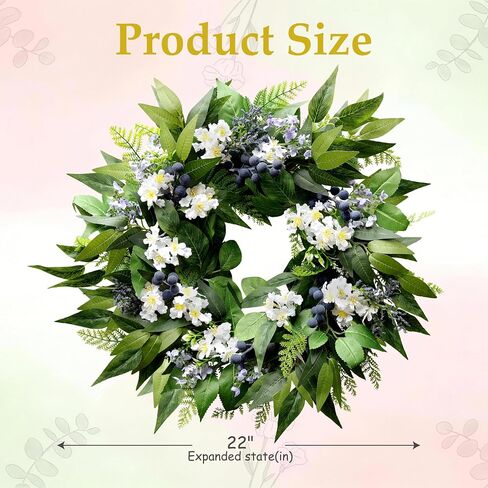 22 Inch Blueberry Spring Summer Wreath for Front Door, Artificial Wreath with Blue Berries and White Blossoms, Modern Farmhouse Wall Wedding Home Outdoor Decor, Year Round All Season Greenery Wreath in Saudi Arabia